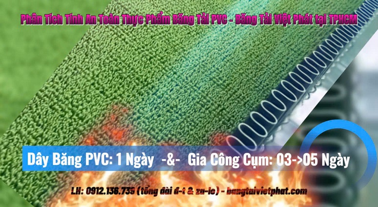 băng tải PVC xanh mặt nhám lông, có tai bèo, không đạt an toàn thực phẩm